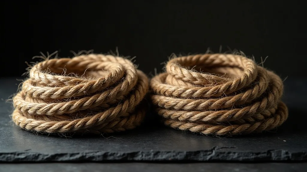 deux cordes de shibari, jute naturel souple et imitation synthetique raide, sur ardoise a Strasbourg