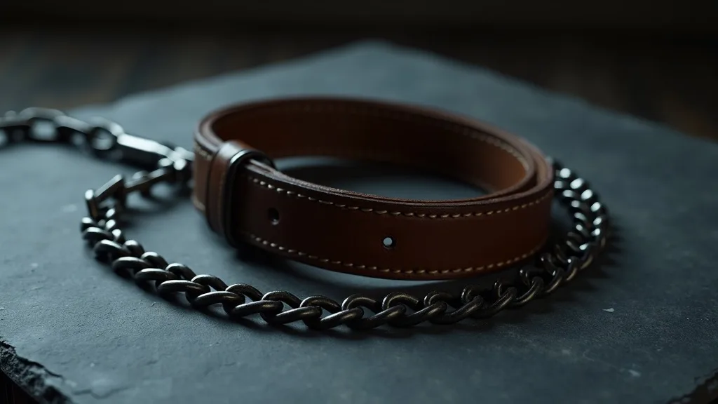 collier de cuir et laisse à chaîne sur ardoise grise a Strasbourg